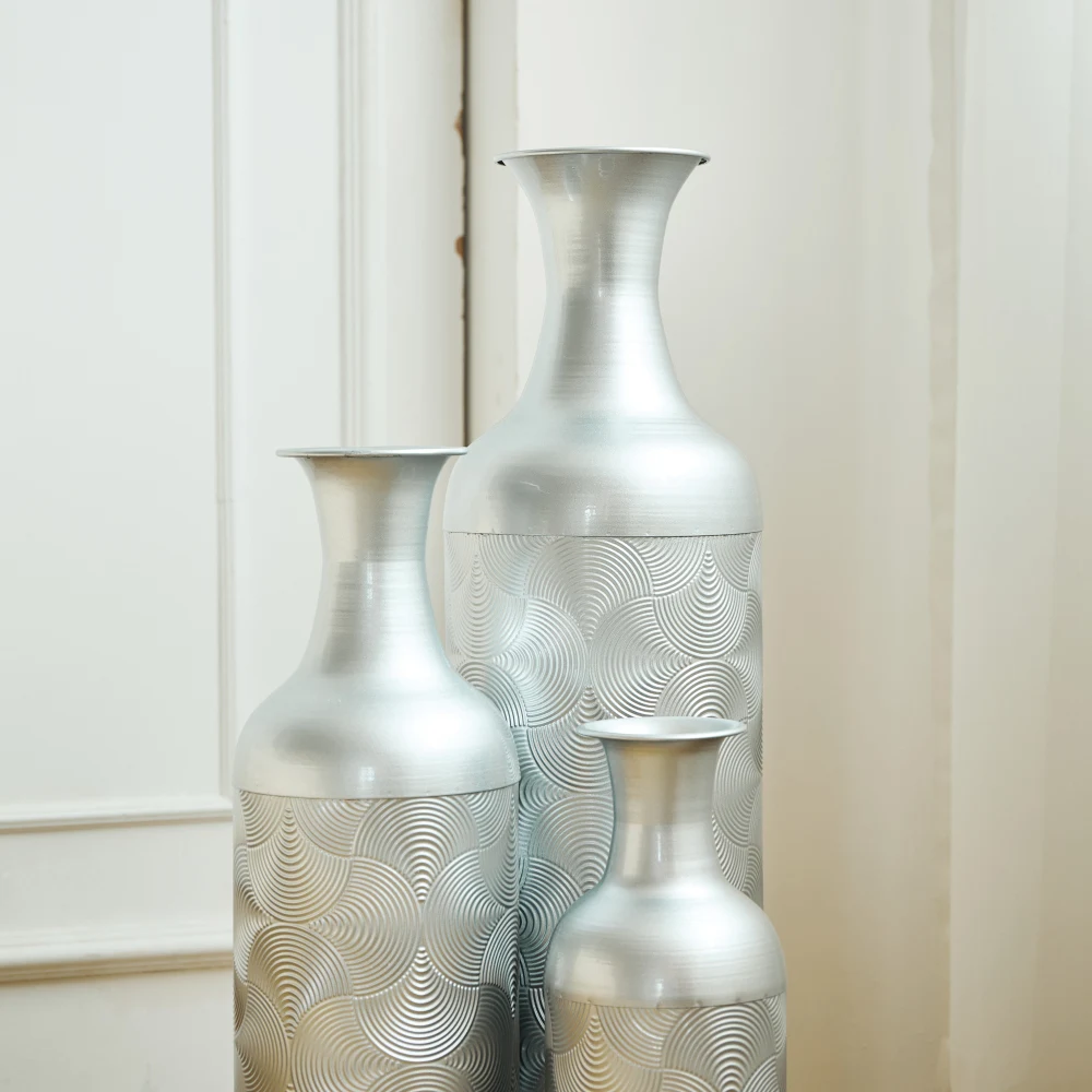 3-teilige Retro-Bodenvasen aus Metall in Weißgold (83/65/50 cm hoch), große dekorative Vasen für Wohnzimmer/Schlafzimmer, passend für Pampas-Zweige – Detail 16