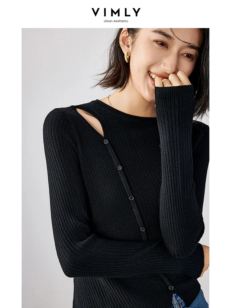 

Vimly High Strecth Slim Long Sleeve Sweaters for Women 2023 Autumn New In Cut Out Rib Knitwears Female Pullovers Jerseys 72072