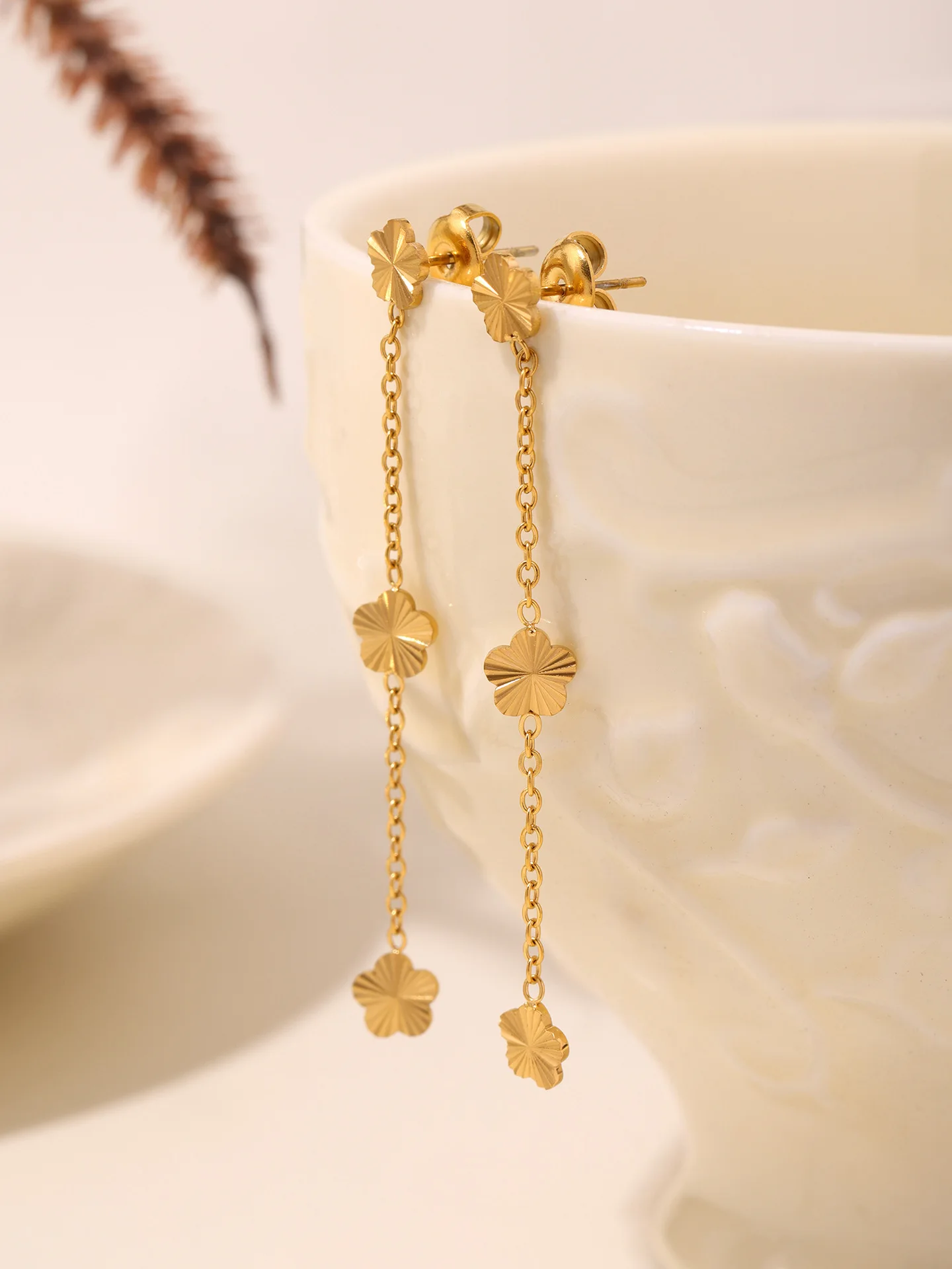 Edelstahl Blume Anhänger Halskette Lange Quaste Ohrringe für Frauen Luxus Vergoldete Halskette Ohr Stud Mädchen Schmuck Set – Detail 8
