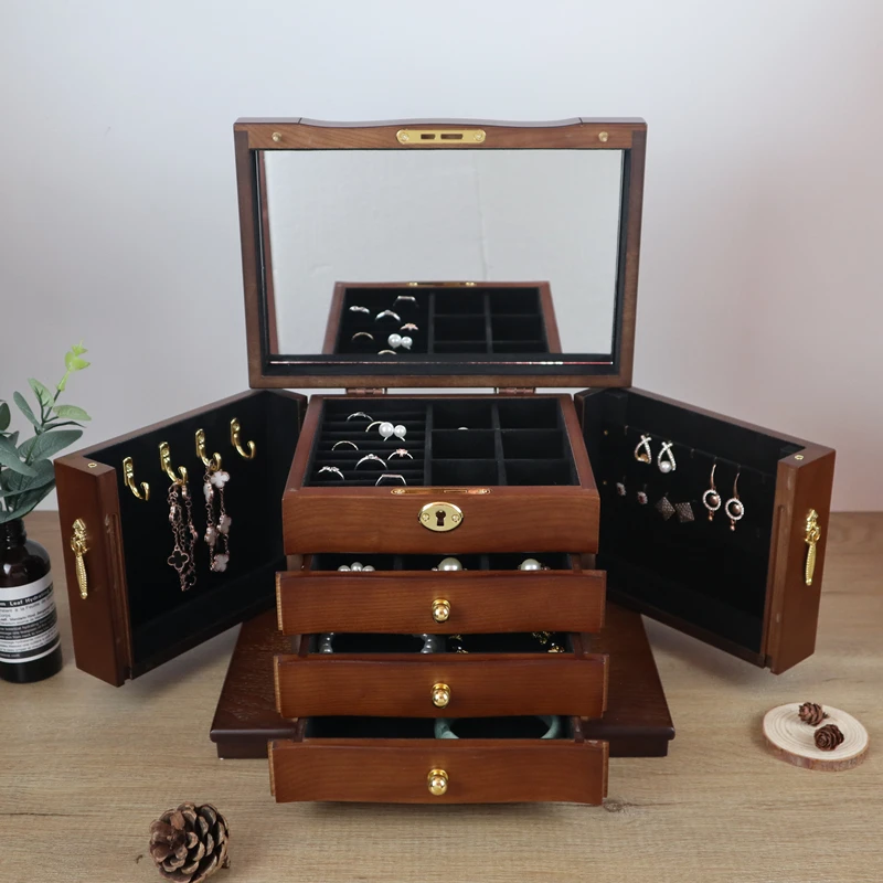 Wooden Jewelry Box Large Lockable Women Accessories Bracelet Display Earrings Necklace Earring Storage Box 2023New Birthday Gift