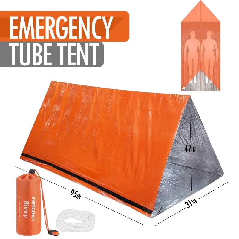 Description Picture 2 of item2 Person Emergency Shelter Bivy Survival Tent Kit Mylar Tube Tent Sleeping Bag Waterproof Outdoor SOS Thermal Blanket Shelter