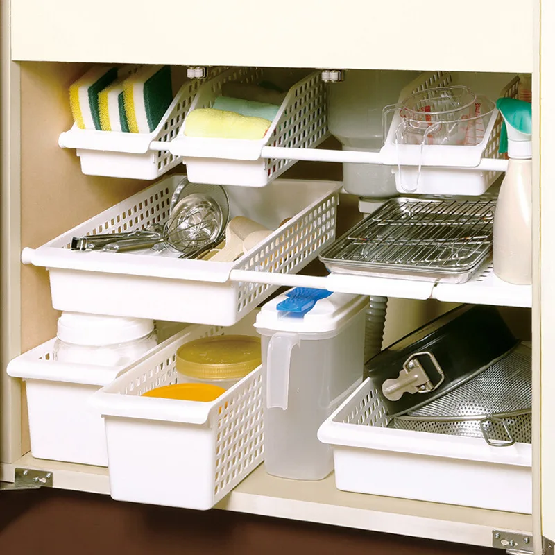 

Nail Free Retractable Rod Storage Rack Kitchen Sink Storage Basket Wardrobe Partition Layer Arrangement Rack Home Accessories
