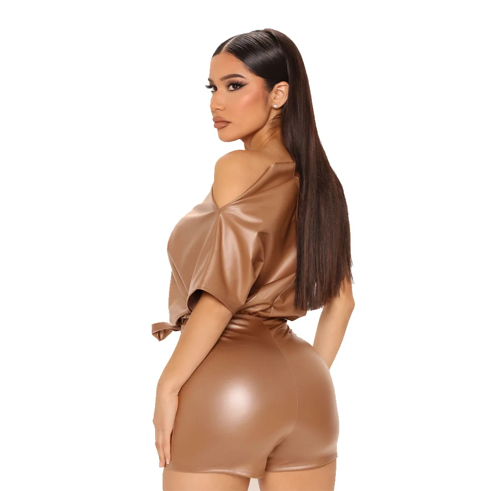 Sexy Slanted Shoulders Romper for Women Solid Leather Short Sleeves Skinny Playsuits Summer PU Overalls Female Badysuit Clothes