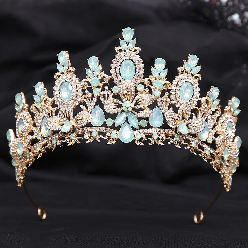 Royal Queen Opal Green Wedding Crown Per Spose Strass Crystal Diademi E Corone Gioielli Da Sposa Prom Princess Headpiece