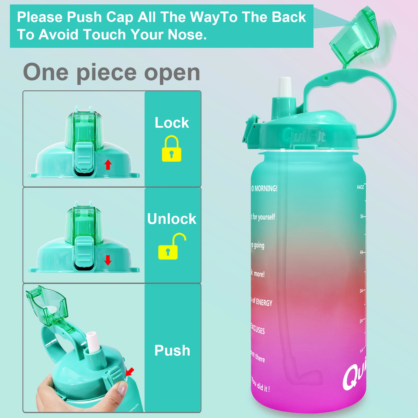 Motivational Water Bottle BPA Free 2.2L/64oz Jug with Straw and Time  Tracker Gym