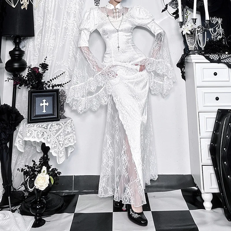 chinese dress ladies Lace-Up Camisole White Gothic Dress  Belchic