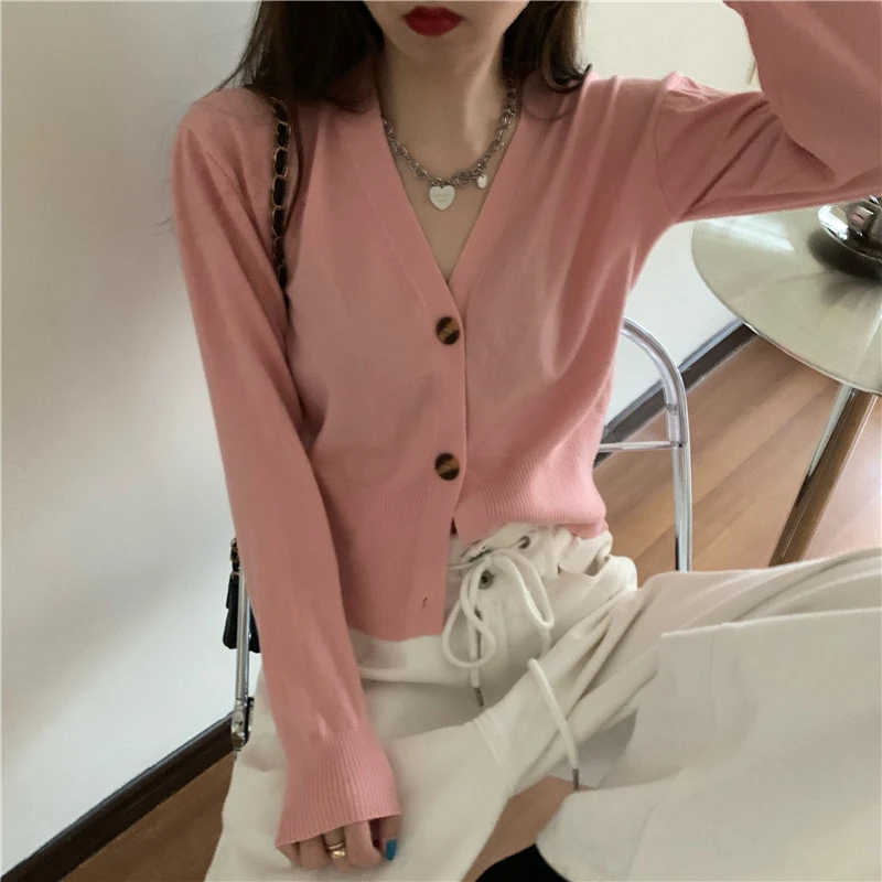 10 Colors Women V-Neck Knitted Sweaters Cardigans Lady Full Sleeve Soft Simple Cardigan Crop Top Female Knitwear woolen sweater