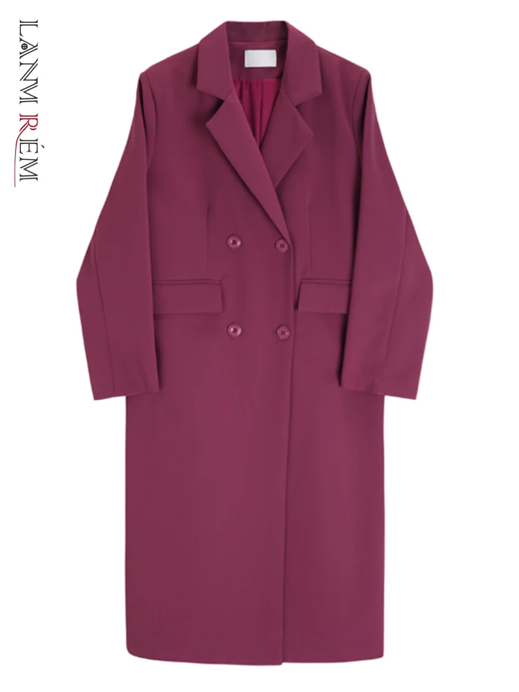 

LANMREM Women Long Blazer Office Lady Notched Collar Double Breasted Solid Color Coat Fashion 2023 Autumn New Clothing 2AA2980