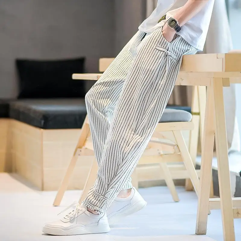 New 2024 Summer Boyfriend Thin Patchwork High Waited Elasticized Striped Pocket Drawstring Versatile Loose Sports Casual Pants