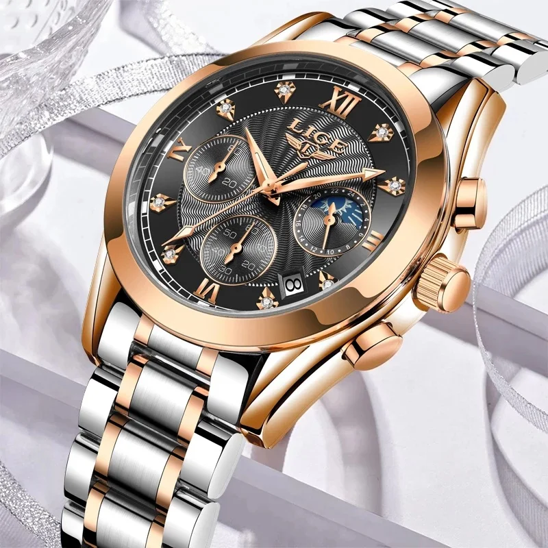 LIGE-relojes de lujo para mujer, pulsera de acero inoxidable