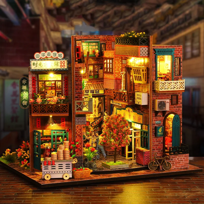 DIY Wooden Book Nook Shelf Insert Kit Chinese Street View Bookends Miniature Building Kits Bookshelf Doll Houses Friends Gifts 2