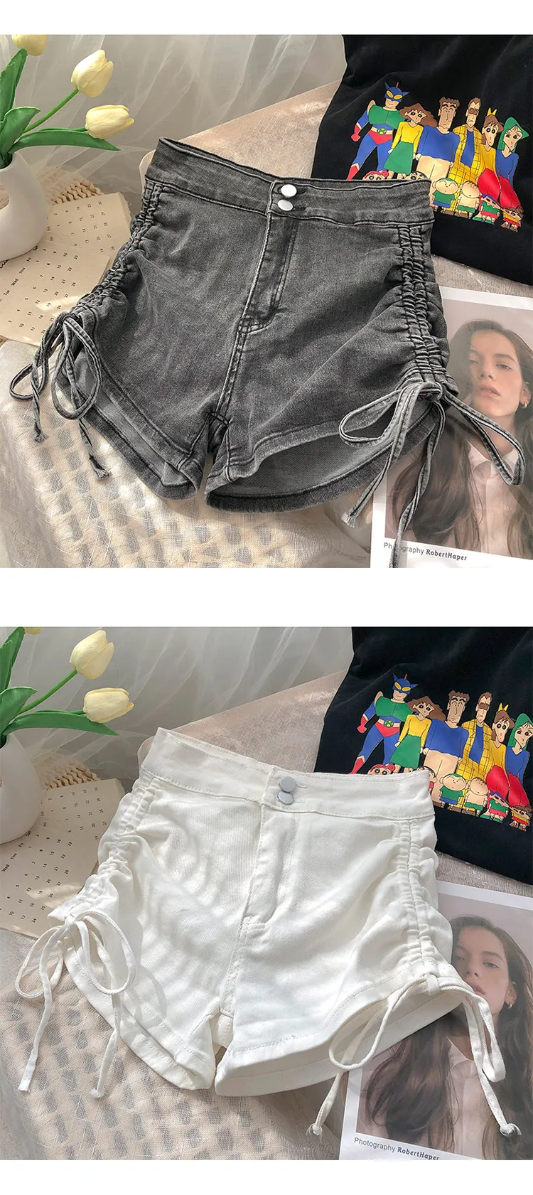 gap jeans Denim Shorts Two Button High Waist Drawstring Lace Washed Jeans Women Spring 2022 Korean Version Stretch Wide Leg  Slim Short stacked jeans