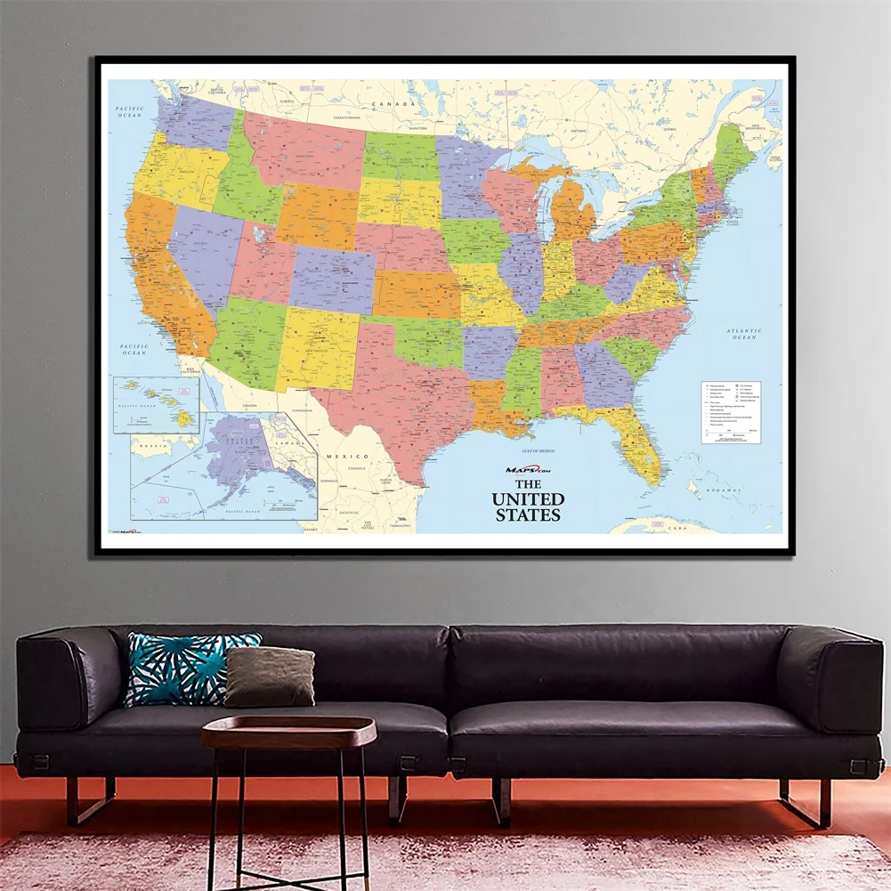 Map of The United States with Details Non-woven Canvas Painting Wall Art Poster 150*100cm School Supplies Home Decoration