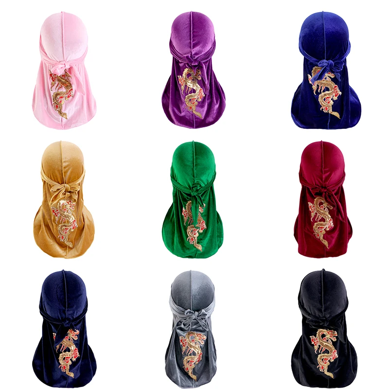 Neue Herren Drachenmuster Samt Durags Bandanas Kopfbedeckung DuRag Turban Hut Stirnband Atmungsaktive Kopfwickel mit extra langem Schwanz – Detail 2