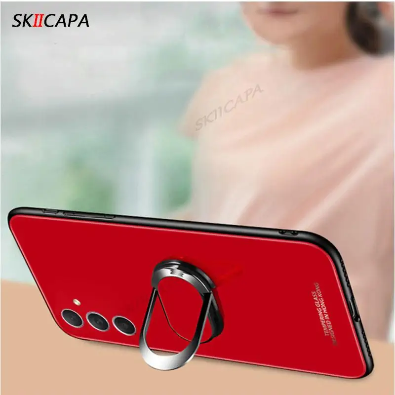Enhanced Glossy Glass Shockproof Case with Magnetic Ring Holder and Soft Edges