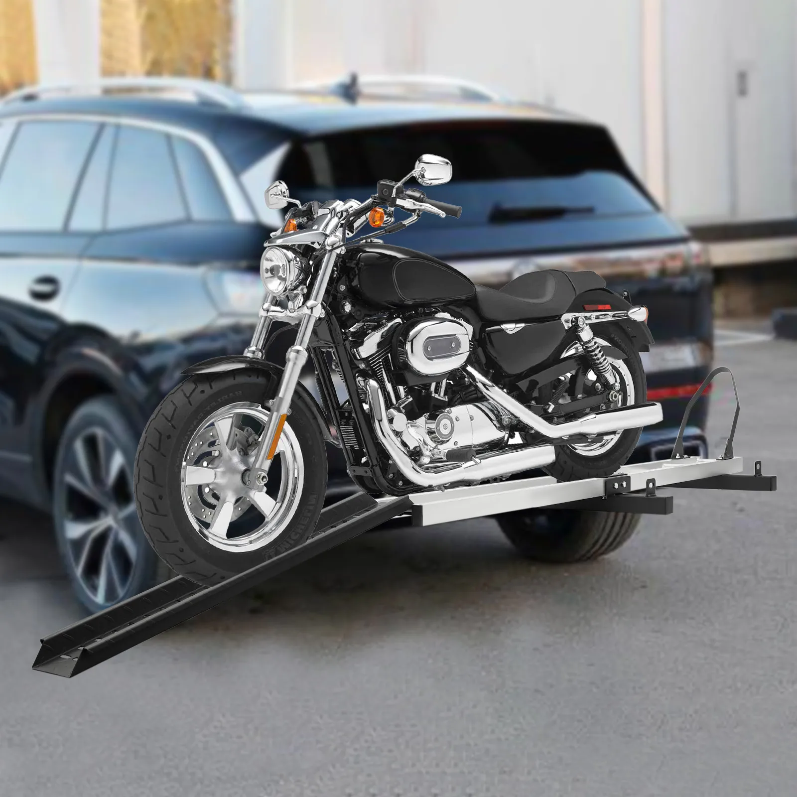 Motorcycle Carrier with 400LBS Aluminum Hitch Carrier with Ramp for Dirt Bikes Motorcycle Bracket Tire Limiter