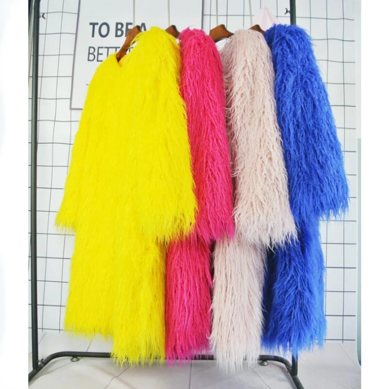 

Luxury XL Long Imitation Mink Fur Trench Coats Wool Lamb Mongolia Sheep Fur Bomber Jacket Flocking Tassels Coat Furry Cardigan