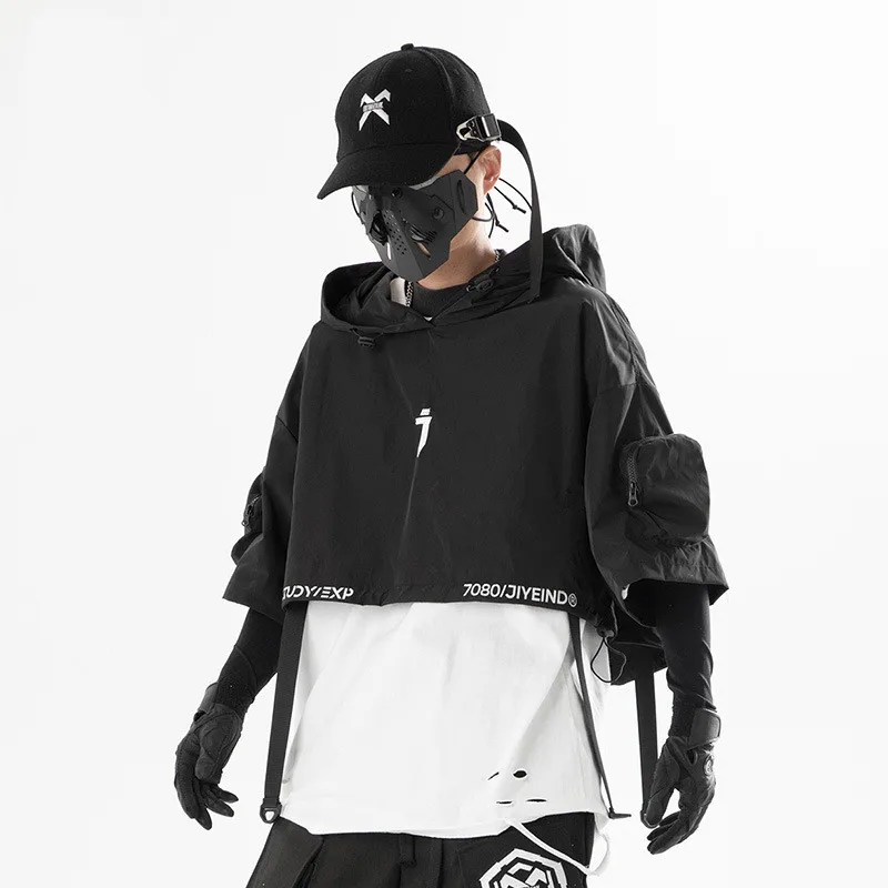 2024 Tactical Techwear Style Punk Hip Hop Short Jacket Hooded Cloak Men Women Functional High Street Casual Coat Cape 3