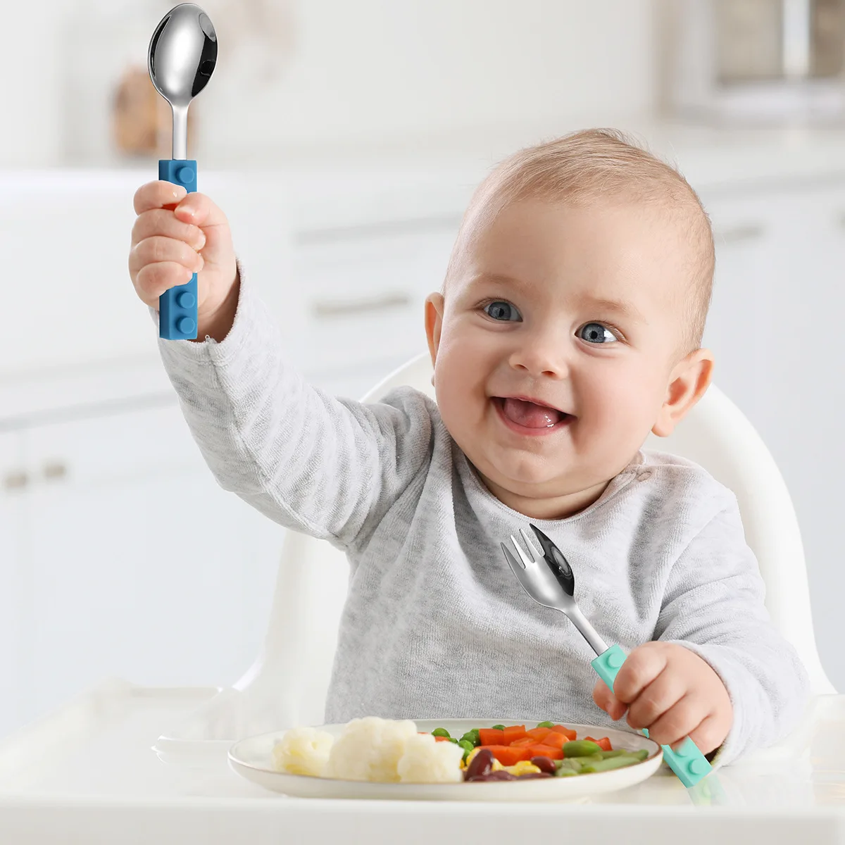 Stainless steel knife fork spoon three piece set silicone block handle children's training tableware
