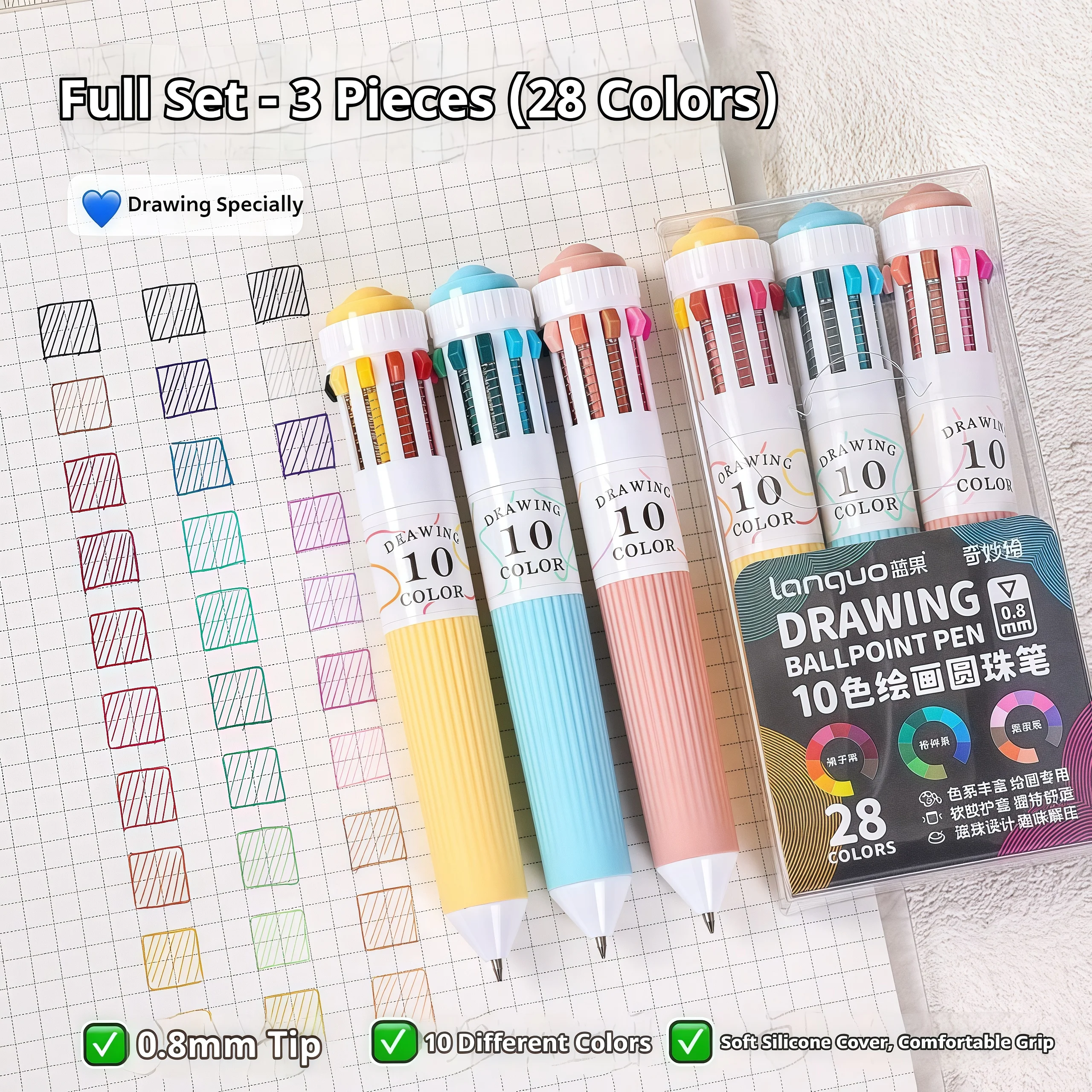 10-in-1 الملونة متعدد الألوان مجموعة أقلام حبر جاف 0.8 مللي متر 28/30 ألوان أقلام غرامة نقطة قابل للسحب أقلام حبر جاف للمكتب المدرسة