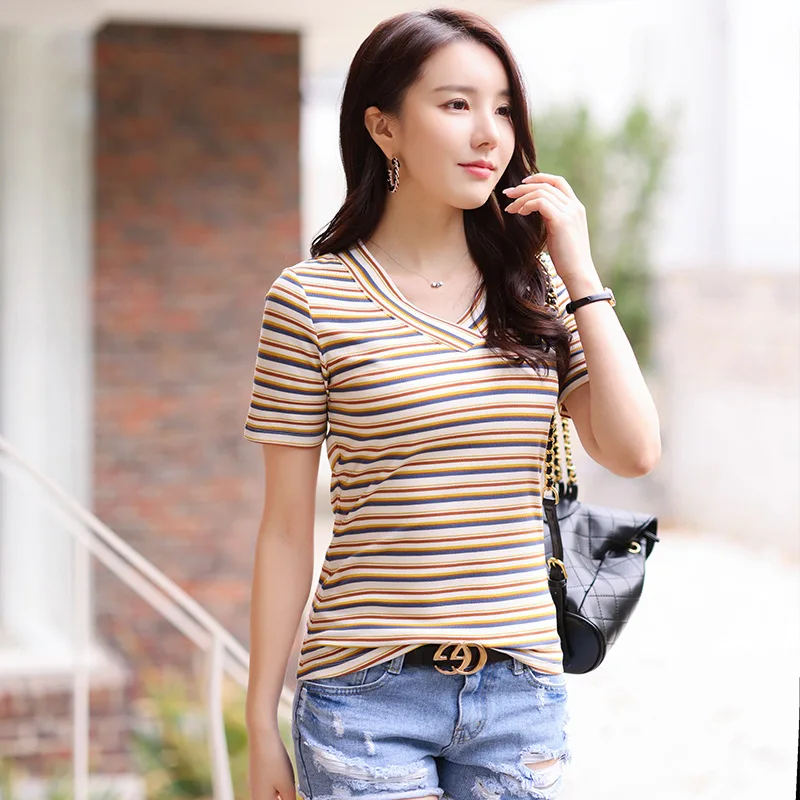 

Summer Women T-shirt Short Sleeve V-neck Tops Fashion Striped Female Tshirts New 2023 Cotton Casual T Shirt Vintage