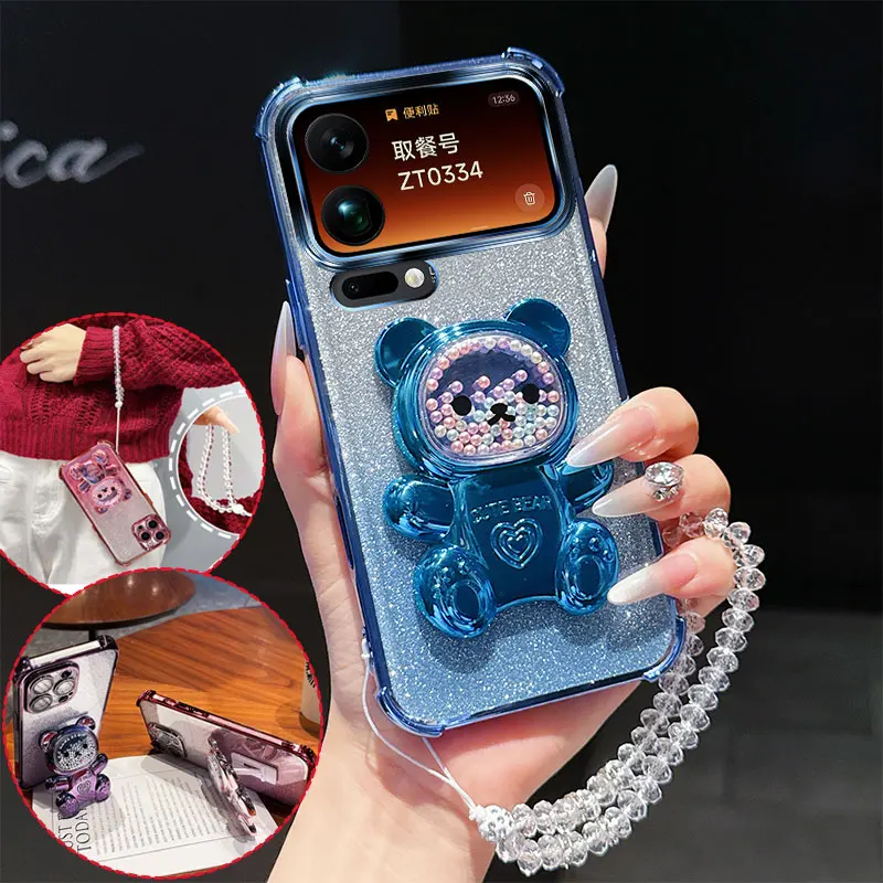 Shockproof Phone Case with 3D Bear Stand and Glitter Crystal Chain Lanyard
