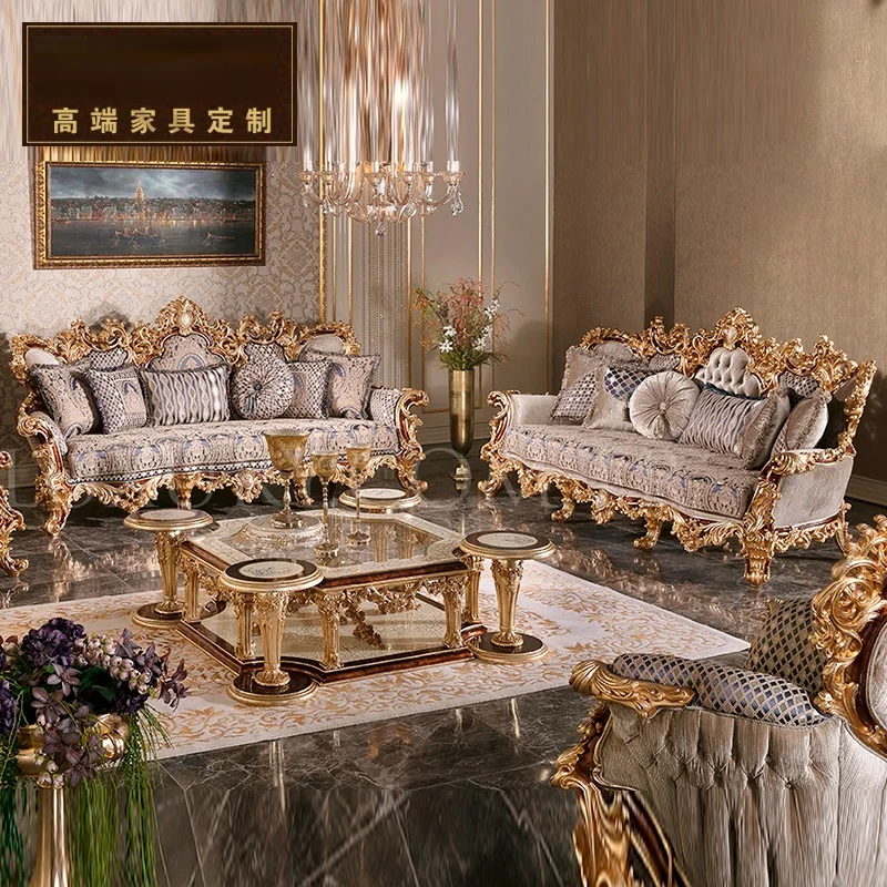 

European classic high-end cloth sofa coffee table French luxury villa solid wood carved sofa living room high-end furniture