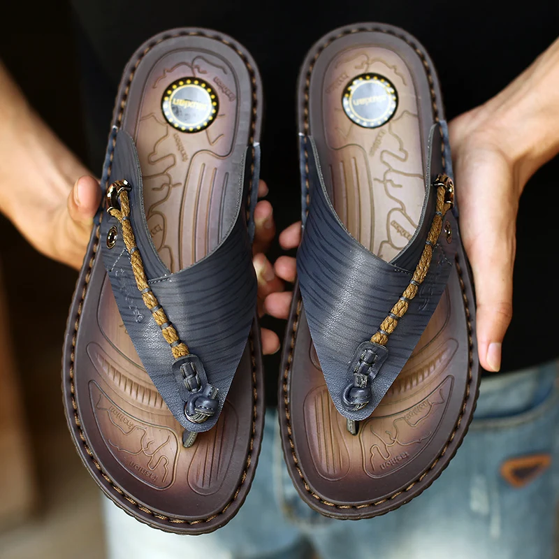 New Mens Flip Flops Summer Slippers Breathable Outdoor Beach Slippers Handmade Leather High Quality Casual Lightweight Sandals