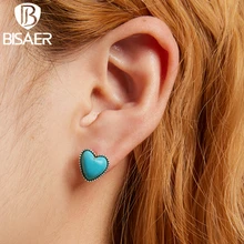 

BISAER Heart Stud Earring 925 Sterling Silver Love Turquois Delicate Earrings For Women Fashion Party Jewelry Gift Fine EFE591