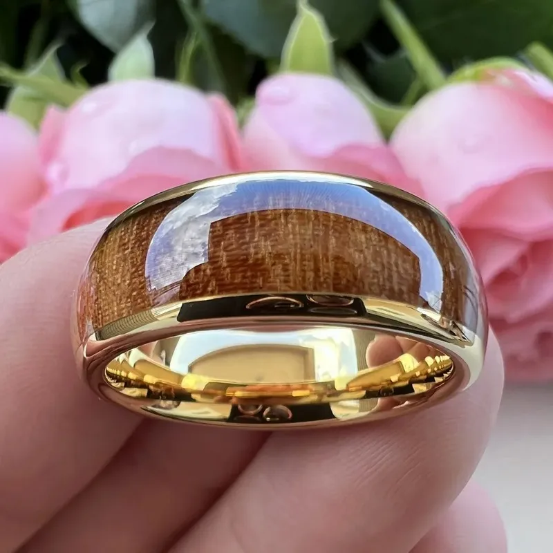 8mm Yellow Gold Tungsten Carbide Rings For Men Women Wood Inlay Wedding Band Polished with Comfort Fit
