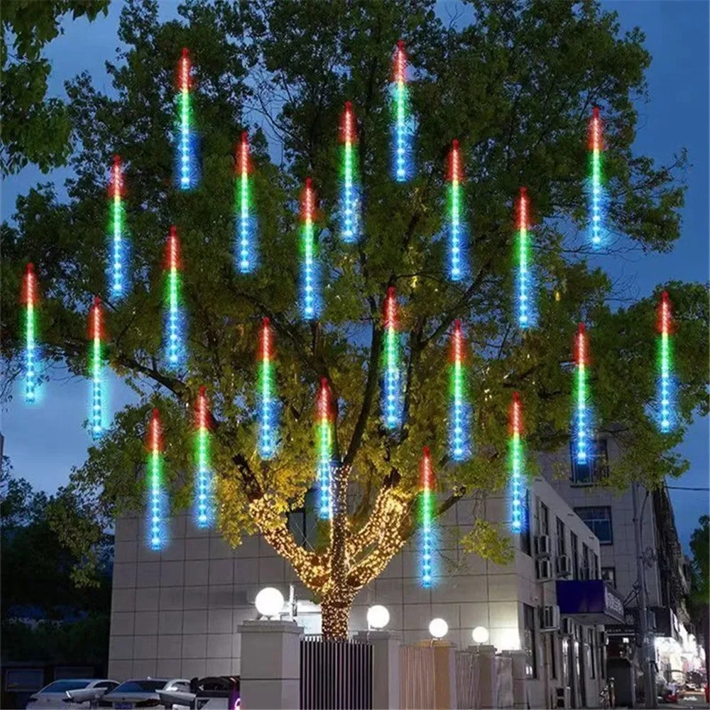 thumbnail image 1 of Cadena de luces LED de lluvia de meteoritos, 8/16/24/32 tubos, 30/50 cm, para decoración de exteriores, Navidad, bodas, árboles, fiestas, 220 V/110 V, 1 of 5