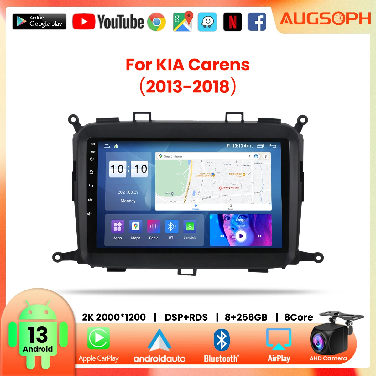

Автомагнитола на Android 13 для KIA Carens 2013-2018,9 дюймов мультимедийный плеер с 4G WiFi Carplay и 2Din GPS
