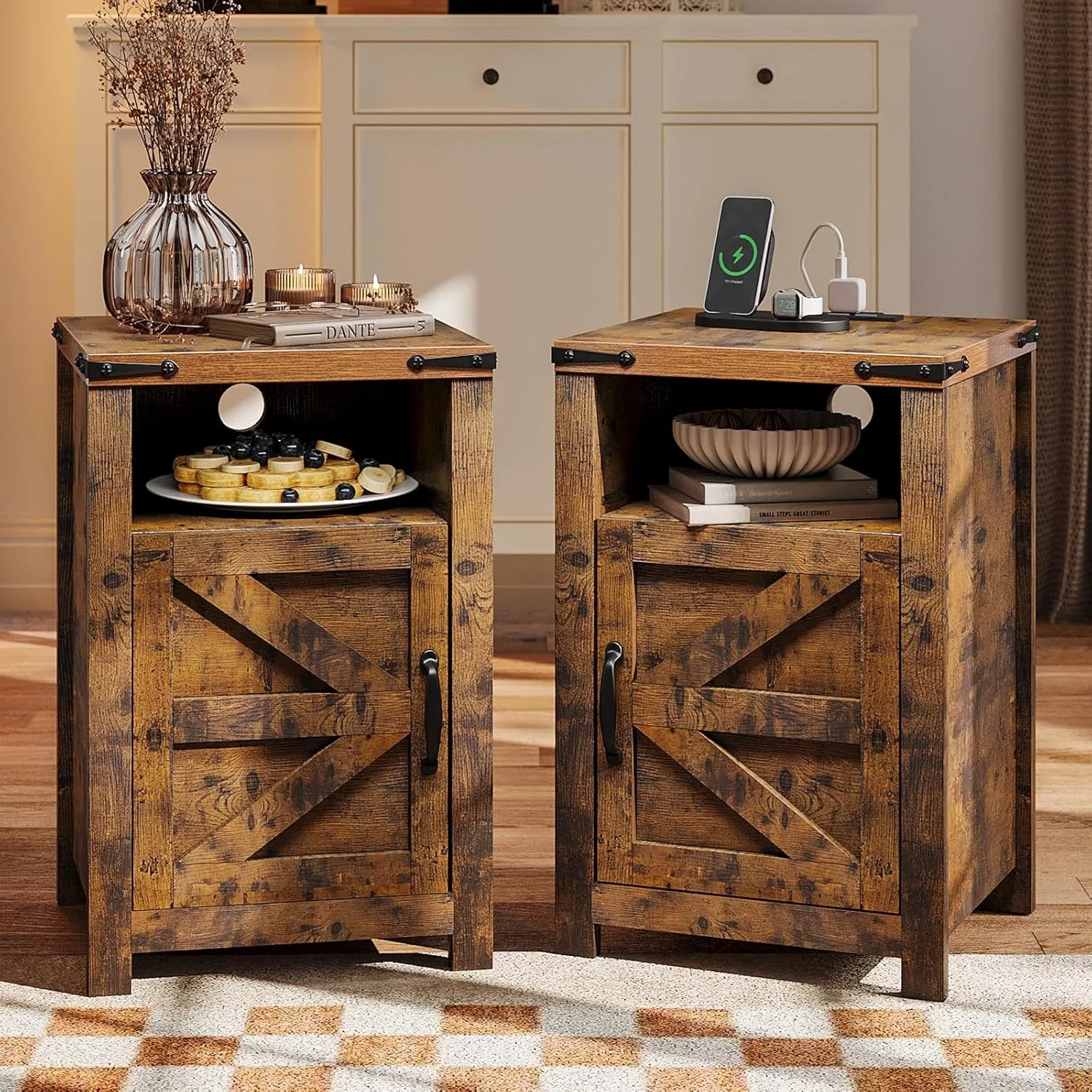 End Table with Charging Station, Farmhouse with Barn Door, 2-Piece Set ﻿ 1