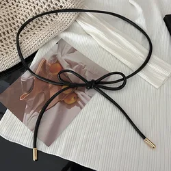 Elegant Women's Round Leather Rope Belt - Fashionable Knotted Waist Accessory for Skirts, Coats, and Sweaters (Black)