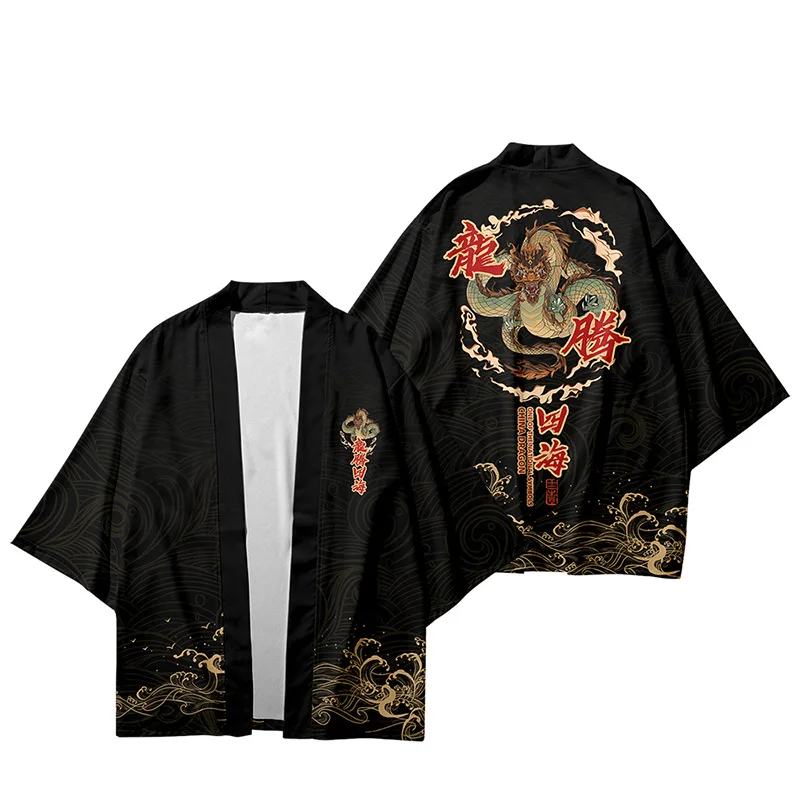 Two-piece Suit Dragon Print Japanese Cardigan Women Men Cosplay Yukata Clothing Harajuku Samurai Kimono + Pants Sets
