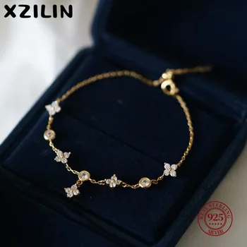 XZiLin S925 Sterling Silver Plated 18k Gold Bracelet Korean Design Temperament Zircon Flower Bracelet for Women Jewelry Gift