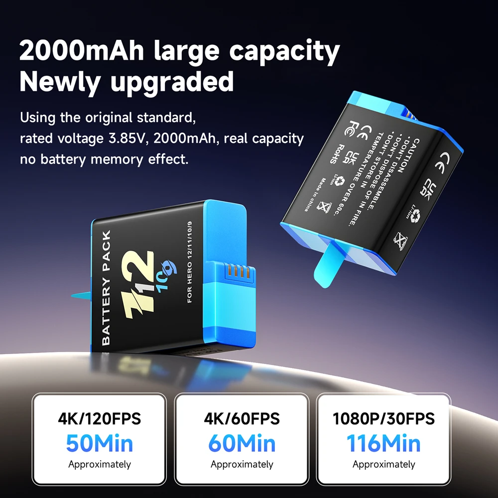 Deux batteries rechargeables pour GoPro Hero 12 11 10 9, placées dans le chargeur