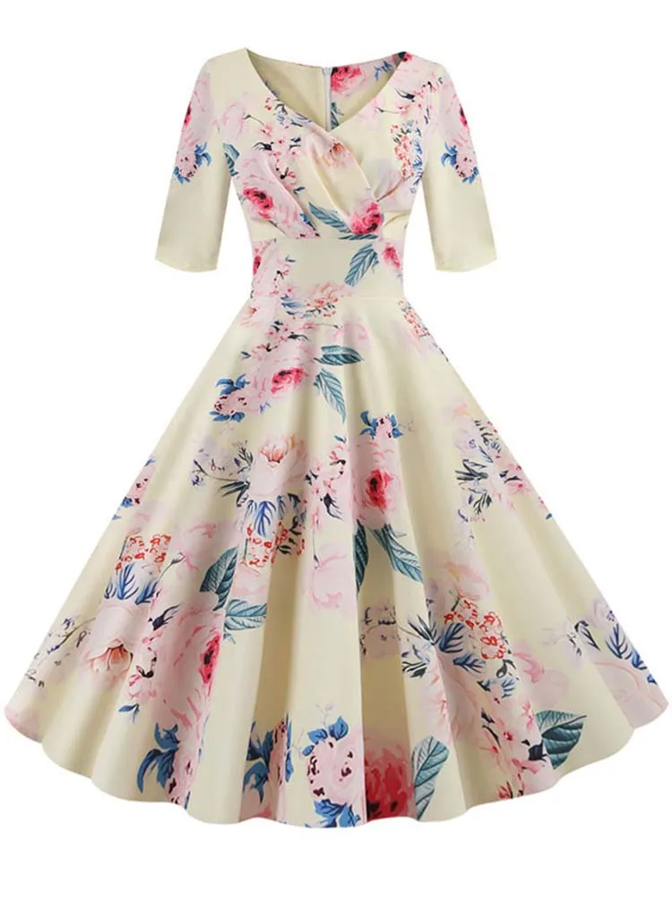 Half Sleeve Black Summer Women Dress Floral Print Vintage Party Dresses Robe Casual Retro A-Line Vestidos 5