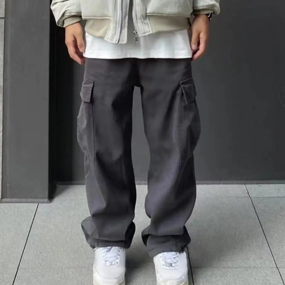 Description Picture 5 of itemMen Pants Solid Color Elastic Waist Loose Wide Leg Multi Pockets Pants Retro Straight Deep Crotch Men Four Seasons Long Trousers