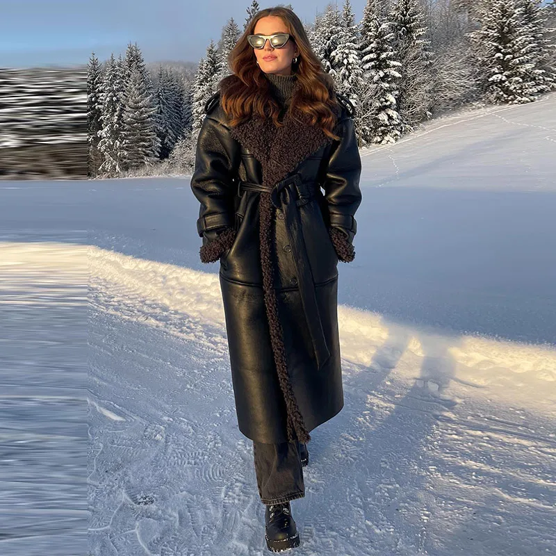 Fashion Lamb Wool PU Leather Long Jacket Women With Belt Patchwork Lapel Pocket Oversize Overcoat Winter Warm Thick Outwear