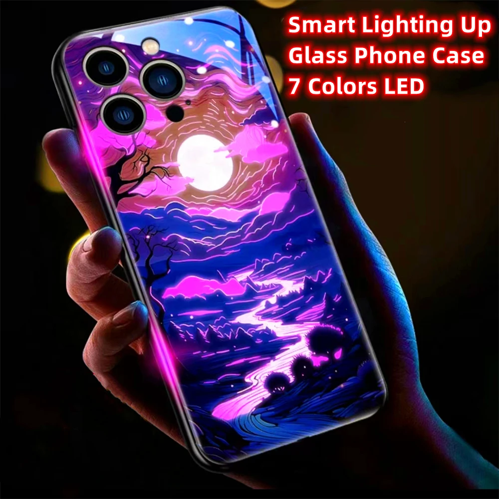 Pretty Sunset Ocean Smart LED Light Glowing Tempered Glass Phone Case For iPhone 15 14 13 12 11 Pro Max XR XS Plus 6 7 8 SE2020