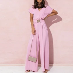 Fashion Short Sleeve Commute Wide Leg Pant Jumpsuit Casual Solid Color V Neck Loose Jumpsuit Women High Waist Temperament Romper