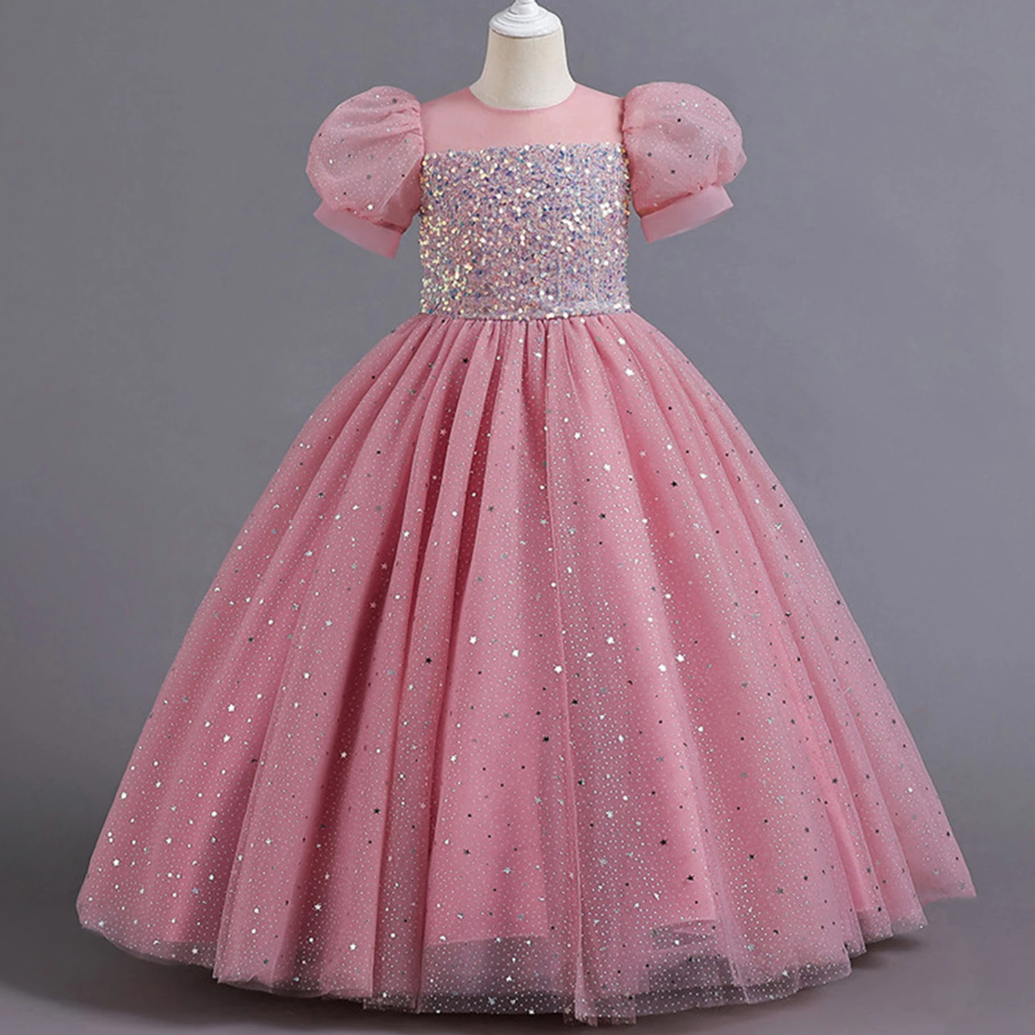 Shiny Toddler Little Big Girls Sequined Puff Sleeves Flower Girl Birthday Party Pageant Formal Evening Dress 5