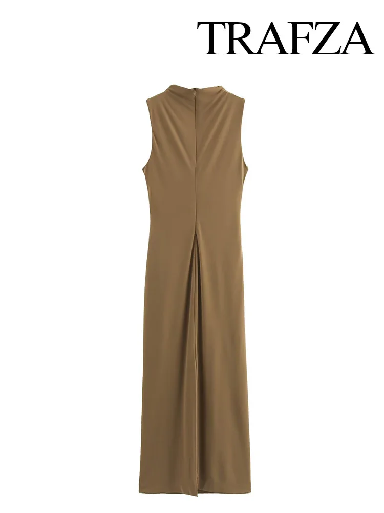 TRAFZA 2025 Spring Women Fashion Midi Dresses Split Hem O-Neck Sleeveless Fold Decorated Dress Solid Back Zipper Retro Dresses 5