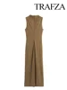 TRAFZA 2025 Spring Women Fashion Midi Dresses Split Hem O-Neck Sleeveless Fold Decorated Dress Solid Back Zipper Retro Dresses 5
