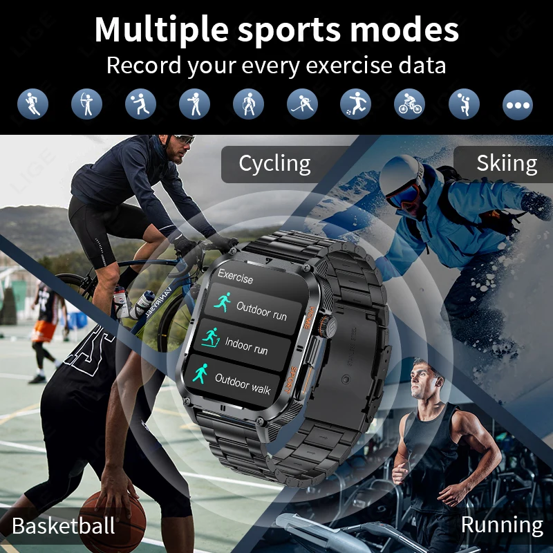 LIGE Men Smart Watch Military 2.01'' Large Screen Health Monitor Bluetooth Call Watches Waterproof Sports Smartwatch For Android