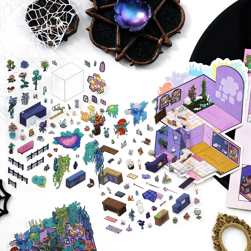 3장/봉지 판타지 하우스 미니어처 장면 스티커 PET+화이트 카드 2.5D 스트레스 해소 게임 스티커 DIY 공예, 생일 선물용