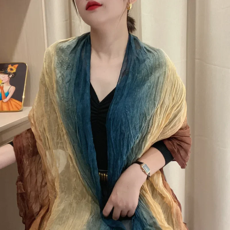 

Versatile Pleated Color Matching Solar System Cotton and Linen Scarf Women's Literature Art Ethnic Style Shawl Korean Version
