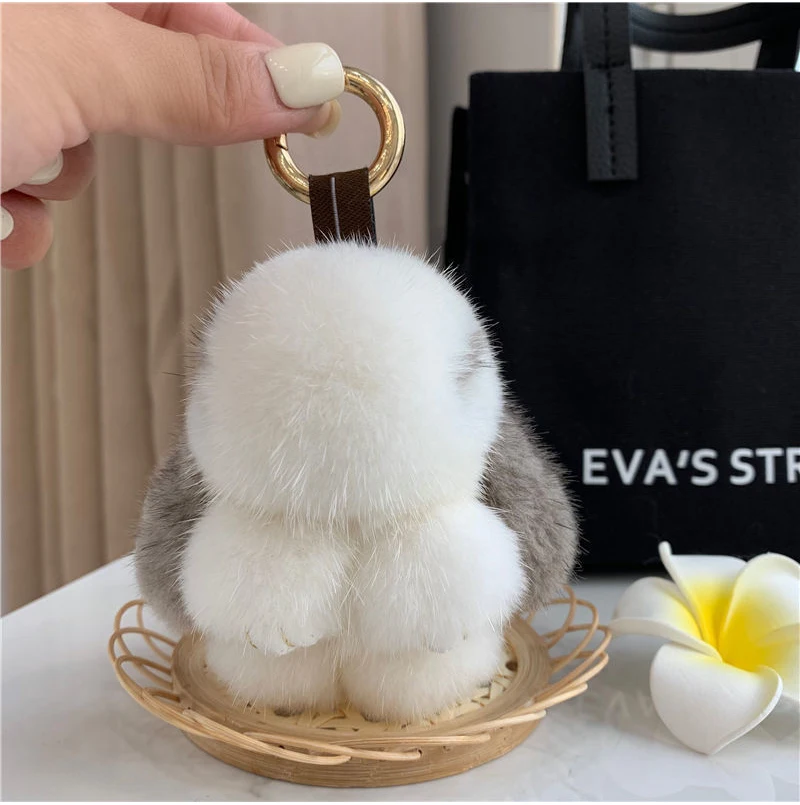 Cute Long Ear Bunny Keychain Real Mink Fur Rabbit Doll Pendant Toys Keyring Handbag Charm Ornament Pompom Plush Jewelry Gifts
