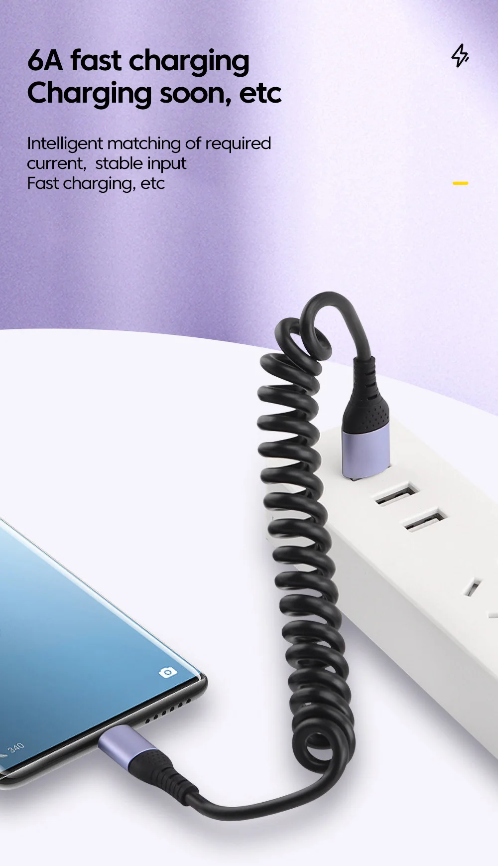 USB C إلى كابل نوع C للسيارة ، سلك شحن سريع ، سلك بيانات ، 6A ، قصير ، ربيعي ، ايفون 15 ، وايفون ، وايفون ، وشوائي ، وسامسونج ، من 25 إلى 1 متر